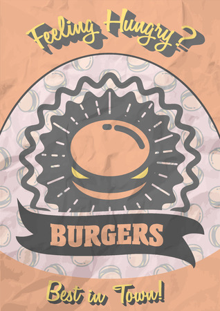 Retro poster design with hot, tasty, delicious burger. Vintage style hamburger sign on crumpled paper background.のイラスト素材