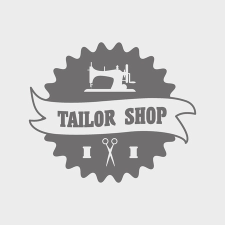 Vintage style tailor shop label,  emblem or designed element with sewing machine and scissors.のイラスト素材