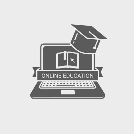 Online education  ,sign or label design concept with laptop, book, and mortar board. Design element on white backgroundのイラスト素材