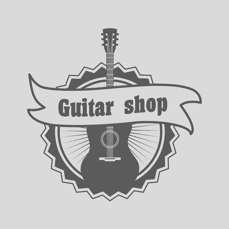 Retro styled guitar shop  , badge or label template. Music icon for audio store, branding and identity.  Can be used for design posters, flyers or cardsのイラスト素材