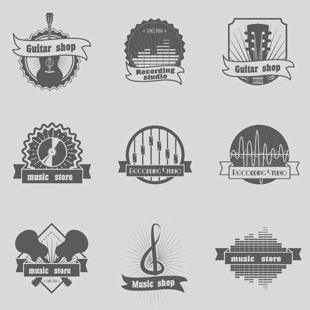 Set of Music shop, recording studio, karaoke club monochrome labels, badges, emblems , branding and identity. Vector design elements isolated on white background. Can be used for design posters, flyers or cardsのイラスト素材