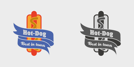 Vector vintage fast food logo, sign, label or badge with tasty hot dog. Monochrome and colorのイラスト素材
