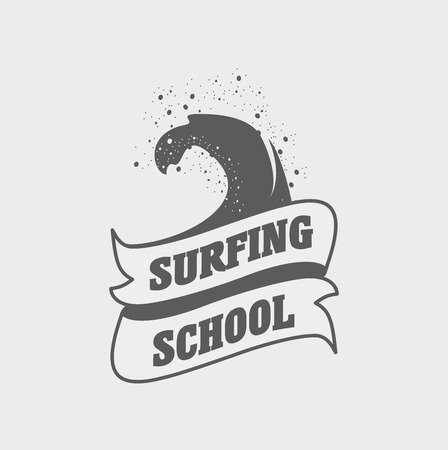 Surfing school logo, label or sign design template with wave and ribbonのイラスト素材