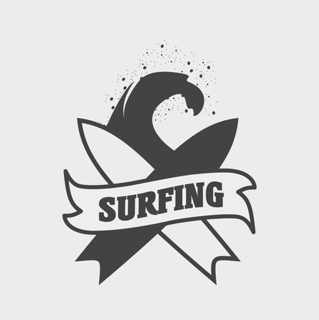 Surfing club logo, label or sign design concept with wave and surfboardのイラスト素材