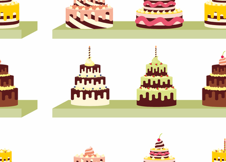 Seamless pattern with tasty cakes with cream for birthdays, weddings, anniversaries and other celebrations. Vector illustration of a flat design isolated on white backgroundのイラスト素材