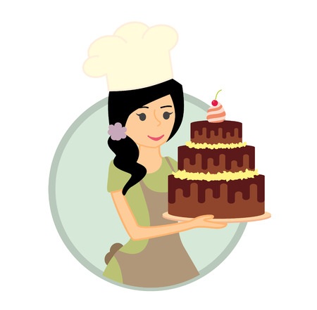 Cute girl or young woman baker holding a delicious chocolate cake. Vector character illustration.のイラスト素材