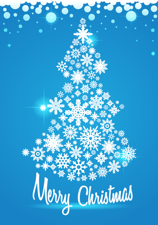 Christmas card with christmas tree made of snowflakes. Vector illustration on blue backgroundのイラスト素材