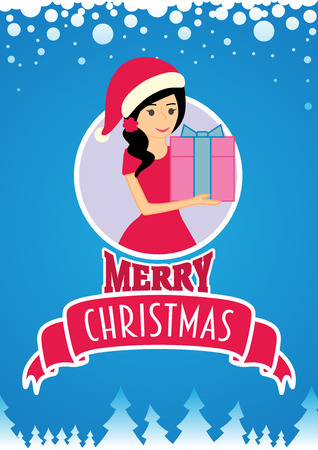 Christmas card with young woman and gift. Vector illustration on blue backgroundのイラスト素材