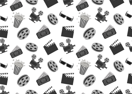 Cinema seamless pattern with movie objects. Clapperboard, tickets, 3d glasses and popcornのイラスト素材
