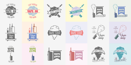 Set of vape shop and e-cigarette logos, symbols or labels templates. Color and monochromeのイラスト素材