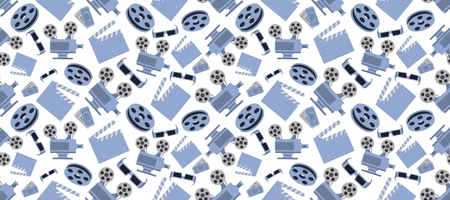 Cinema seamless pattern with movie objects. Clapperboard, tickets, 3d glasses and camera on white backgroundのイラスト素材