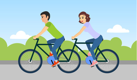 Couple of man and woman are riding a tandem bicycle outdoors. Vector illustrationのイラスト素材