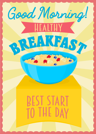 Poster or flyer design concept with healthy breakfast. Bowl with porridge on a shelfのイラスト素材