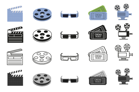 Movie icons, symbols set with cinema camera projector, bobbin, glasses, tickets and clapperboardのイラスト素材