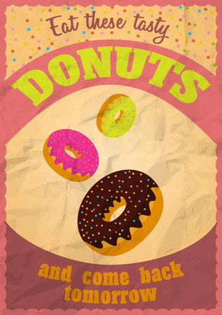 Vintage delicious donuts poster. Vector illustration. Crumpled paper effect easy to removeのイラスト素材