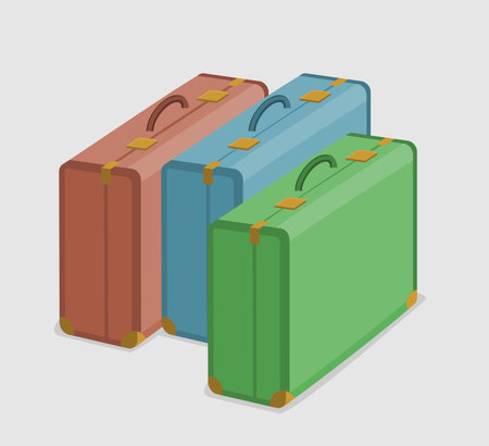 Set of travel suitcases of brown, blue and green color isolated on a white background.のイラスト素材