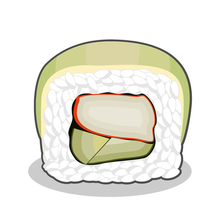 Cut green dragon sushi roll with crab meat and cucumber, topped with avocado slice. Vector illustration isolated on a white background.のイラスト素材
