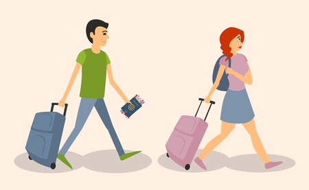 Couple man and woman with suitcases and backpacks for travel. Vector illustration isolated on a white background.のイラスト素材