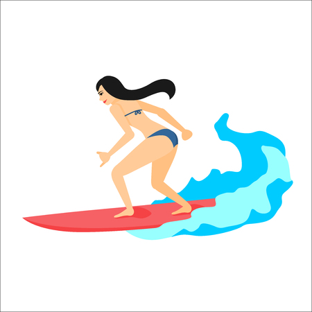 Surfer woman on surfboard. Vector illustrationのイラスト素材