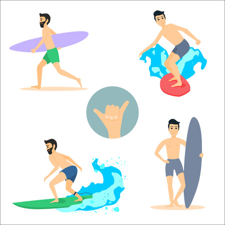 Set of vector illustrations of surfer men on surfboardのイラスト素材