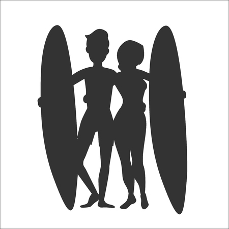 Vector silhouette of two surfers man and woman with surfboardのイラスト素材