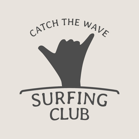 Surfing club logo, symbol or icon design template with shaka hand sign and catch the wave titleのイラスト素材