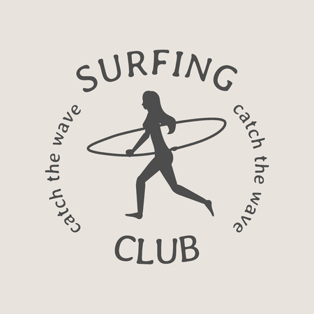 Surfing club logo or symbol design with running female surfer with surfboardのイラスト素材