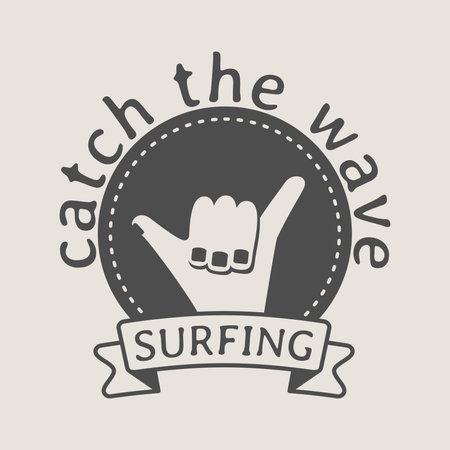 Surfing logo, symbol or icon design template with shaka hand sign and catch the wave titleのイラスト素材