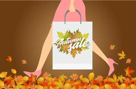 Autumn sale design concept. Woman with paper packets walking on fallen leaves. Vector illustration. Applicable for advertising and promotion, season offer, design gift card, flyer or placard.のイラスト素材