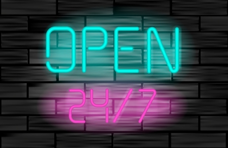 Open 24 7. Vector neon sign on brick wall backgroundのイラスト素材