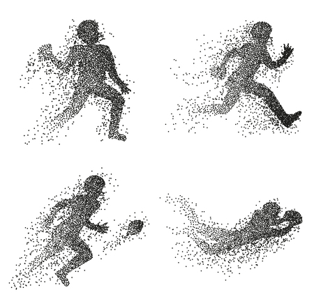 Set of particle divergent silhouettes of American football players. Vector abstract characters illustrations.のイラスト素材