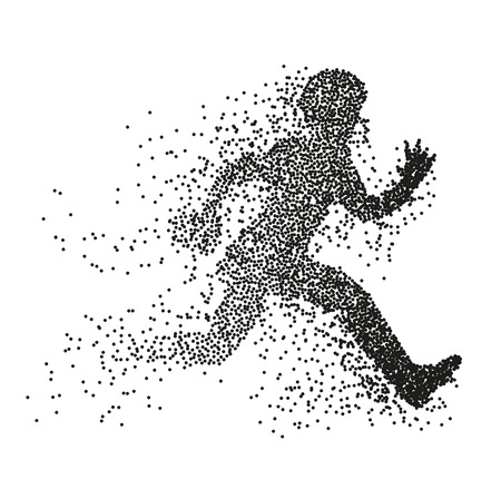 Particle divergent silhouette of American football player jumping with a ball. Vector character illustration.のイラスト素材