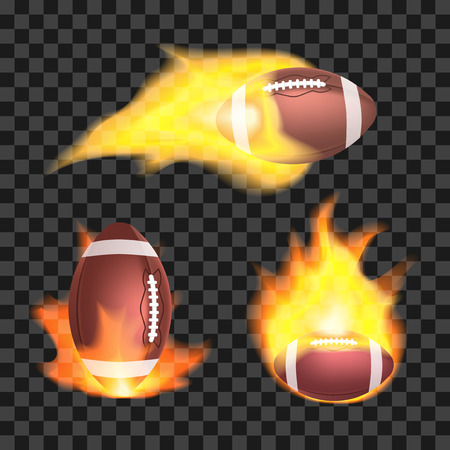 Set of american football or rugby balls flaming on a transparent background. Sport equipment with fire. Vector illustrationのイラスト素材