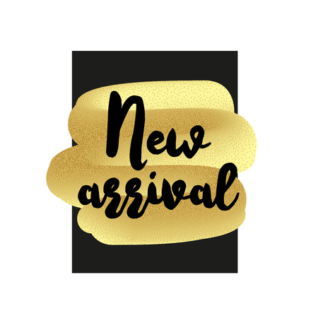 Golden textured brushstroke and New arrival text. Vector poster or symbol design applicable for social network advertising and promotion, season offer placard.のイラスト素材