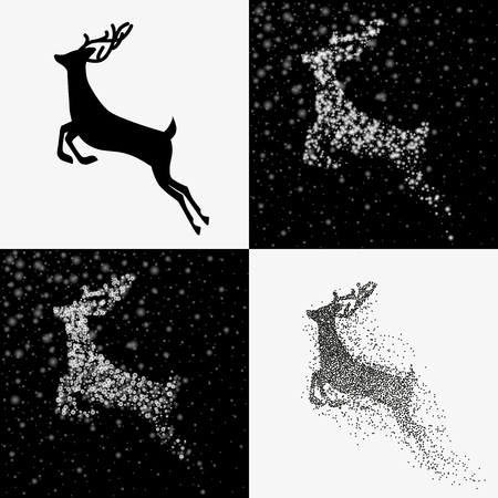 Christmas deer. Set of reindeer illustrations. Black, partickes and snowflakes silhouette. Vector illustrationのイラスト素材