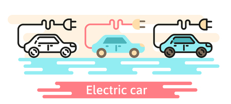 Electric car vector icon template. This illustration shows a car with an electric plug. Linear, flat and meterial design symbolsのイラスト素材