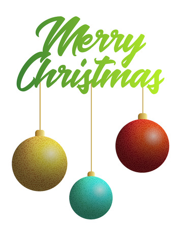 Marry Christmas text with three decoration balls on white backgroundのイラスト素材