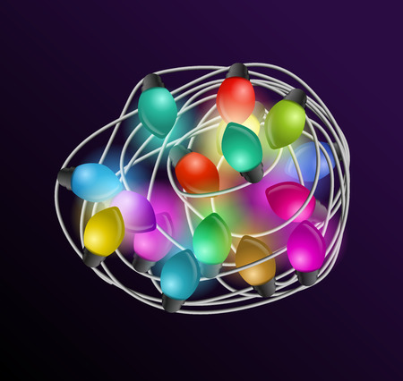 Intricate garlands. Beautiful colorful holidays decorations. Christmas lights on dark background. Vector illustrationのイラスト素材