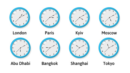 Time Zone Wall Clocks Illustration. International time. Clocks displaying several time zones.のイラスト素材