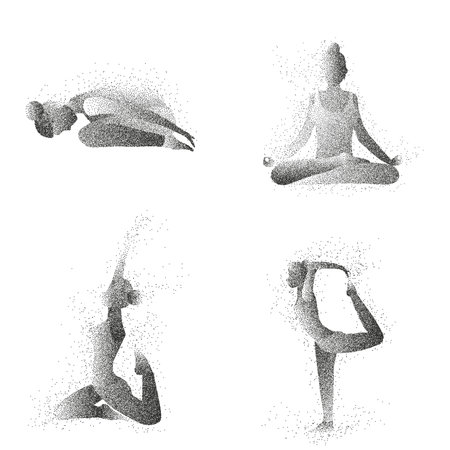 Woman is doing yoga exercises. Particle female silhouette vector set. Womens yoga class.のイラスト素材