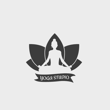 Yoga Studio Logo Template with a woman sitting in lotus position. Monochrome Symbol. This badge can be used for social network and web advertising or brand promotion.の写真素材