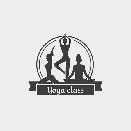 Yoga Class Logo. Design symbol with woman doing different yoga positions. This badge template can be used for social network and web advertising or brand promotion.の写真素材