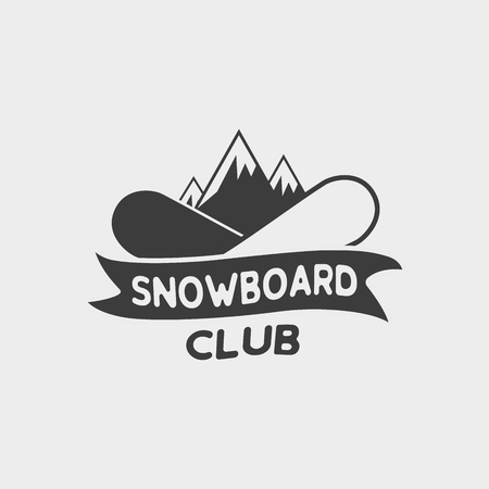 Snowboard club logo, label or badge template with two snowboards and mountains.のイラスト素材