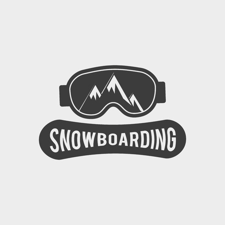 Snowboard club logo, label or badge template with snowboard glasses and mountain reflections.のイラスト素材