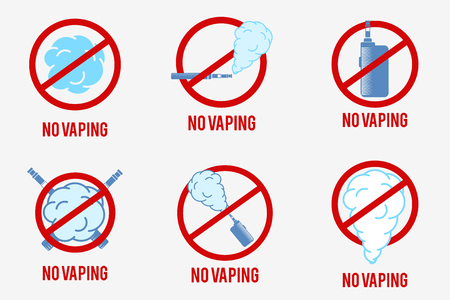 Set of no vaping signs. E-cigarette logo collection. These icons are used to demonstrate a vaping ban.のイラスト素材