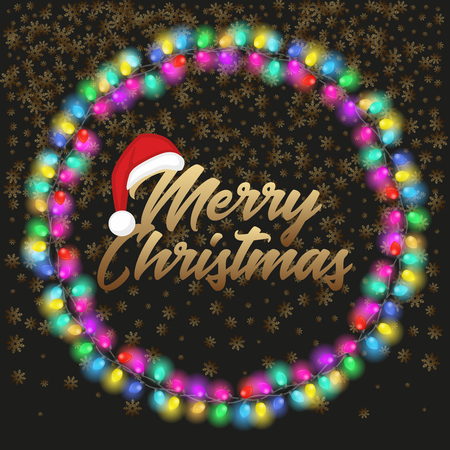 Merry Christmas poster with lights and Santa Claus hat. Greeting card template with snowflakes and garlands.のイラスト素材