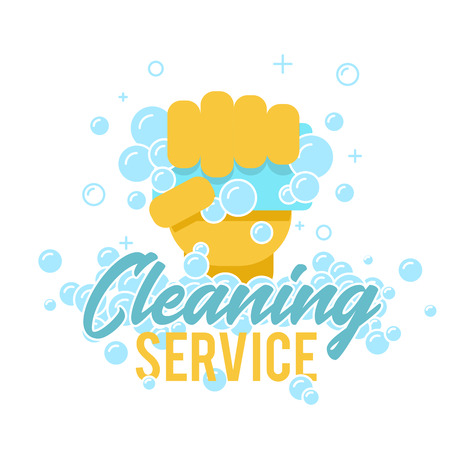 Cleaning service logo, symbol or label template. Hand with sponge for washing and text titleのイラスト素材