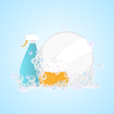 clean dish with washing sponge and foam bubles. Vector illustrationのイラスト素材
