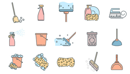 Set of cleaning service flat icons and symbols on white background. Color icons with contour.のイラスト素材