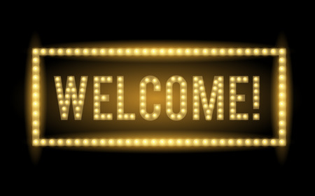 Welcome neon light title Realistic vector illuminated letters on black backgroundのイラスト素材